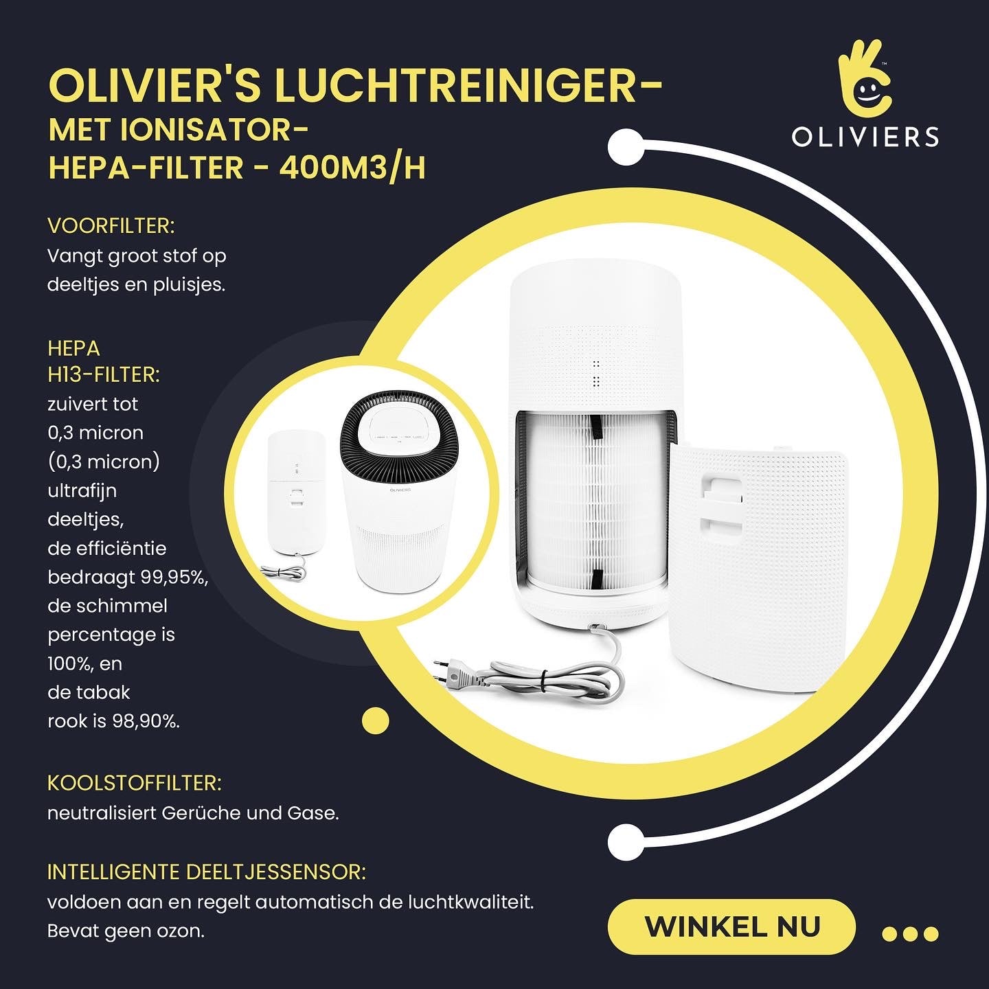 Oliviers luchtreiniger Met Ionisator en Hepa filter- UV lamp- CADR 400m3/h